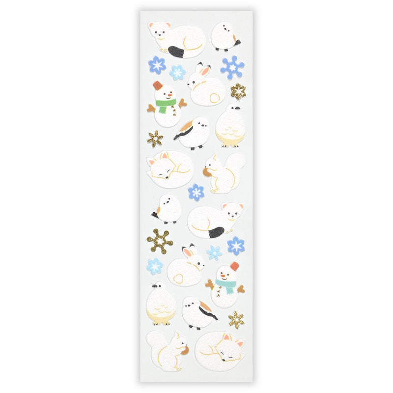 Sheet of decorative stickers featuring snowmen and snowflakes on a white background