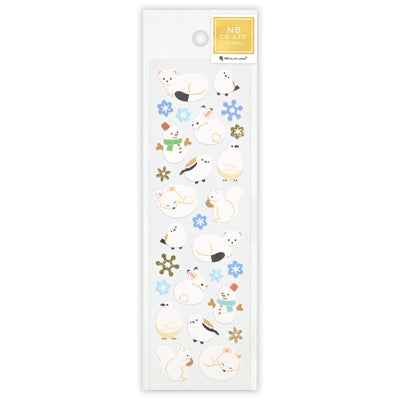 Sheet of decorative stickers with snowmen and flowers on a white background