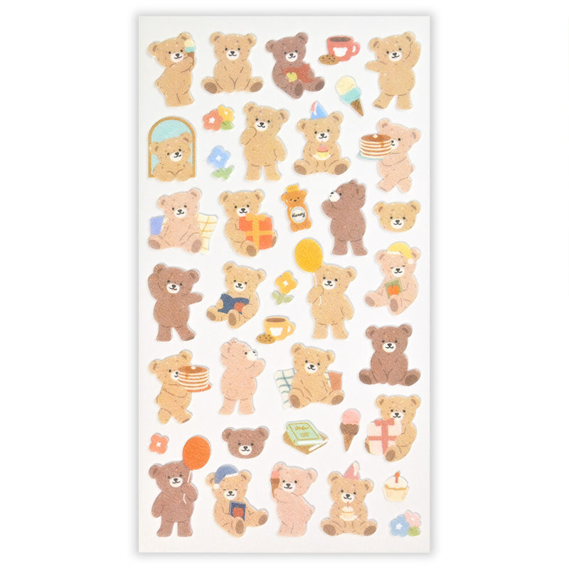 Sheet of decorative stickers featuring teddy bears and related items on a white background