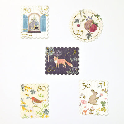 Set of decorative stamps with animal illustrations and numbers on a white background