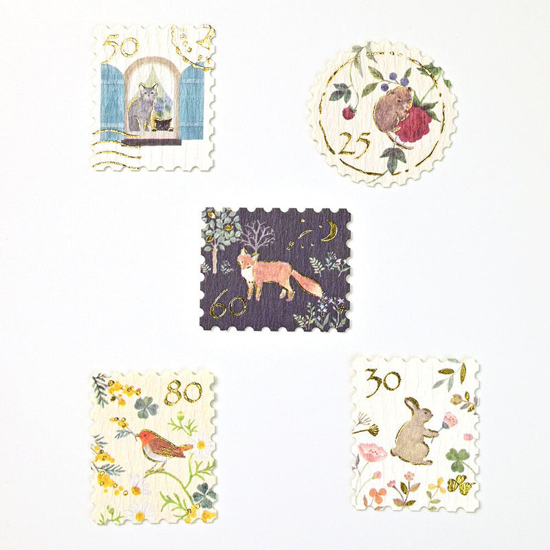 Set of decorative stamps with animal illustrations and numbers on a white background