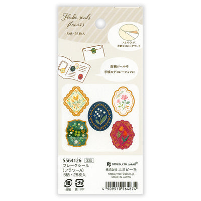 Packaging of decorative flower-shaped seals with a white background