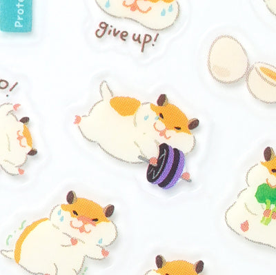 Illustrations of a hamster lifting weights with text 'Give up!' on a white background