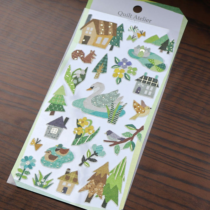 Packaged sticker sheet with nature-themed designs on a wooden surface