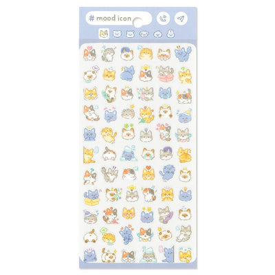 Sheet of colorful cat-themed stickers with 'mood icon' branding on a white background.