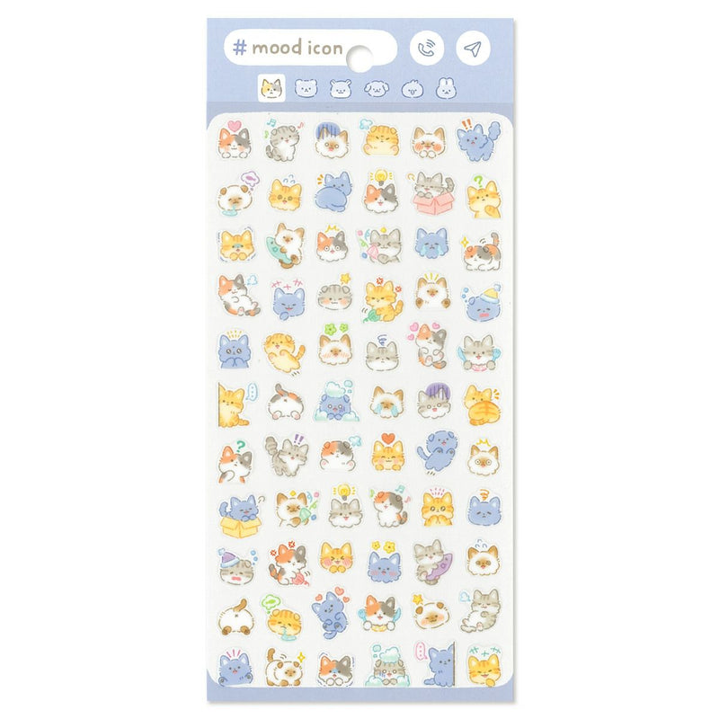 Sheet of colorful cat-themed stickers with &