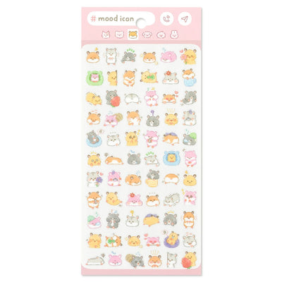 Sheet of small animal stickers with a pink border labeled 'mood icon'.