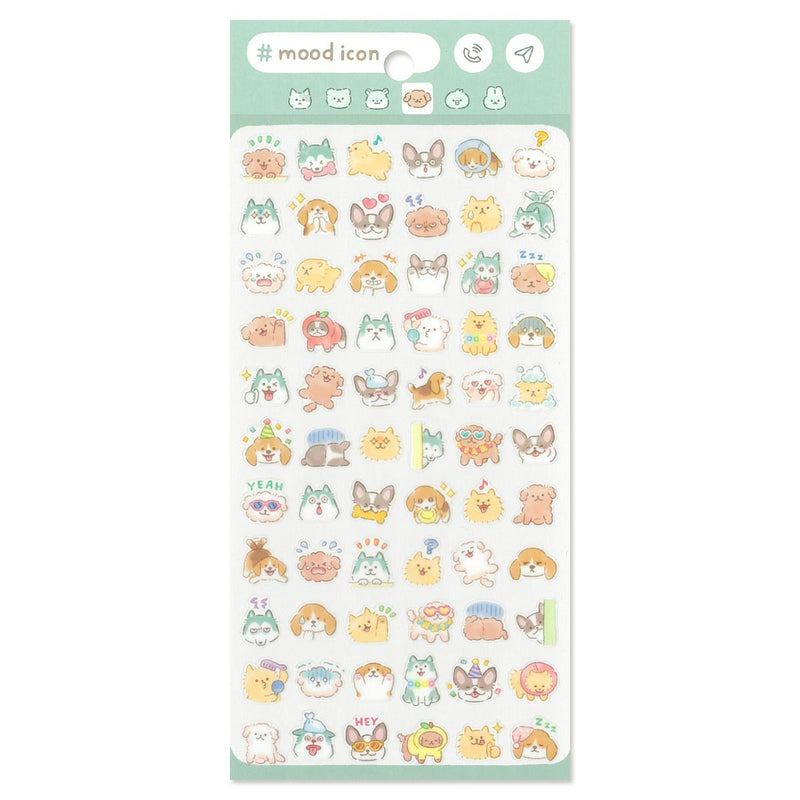 Sheet of colorful mood icons with various animal illustrations on a light green background.