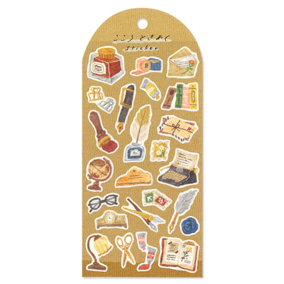 Packaged sticker sheet with vintage-themed illustrations on a beige background