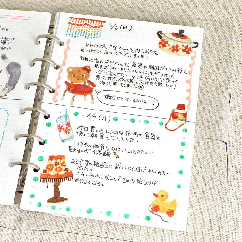 Notebook page with illustrations and text on a textured surface