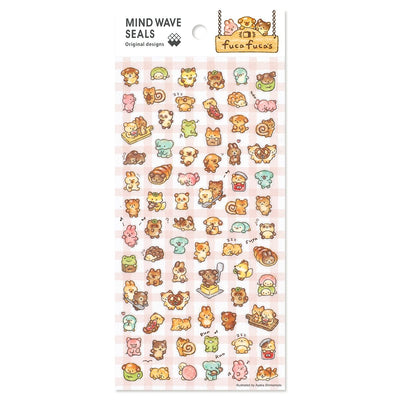Sheet of cute animal-themed stickers with 'MIND WAVE' branding on a white background.