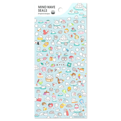 Sheet of decorative stickers with various cartoon characters on a light blue background, branded 'MIND WAVE SEALS'.