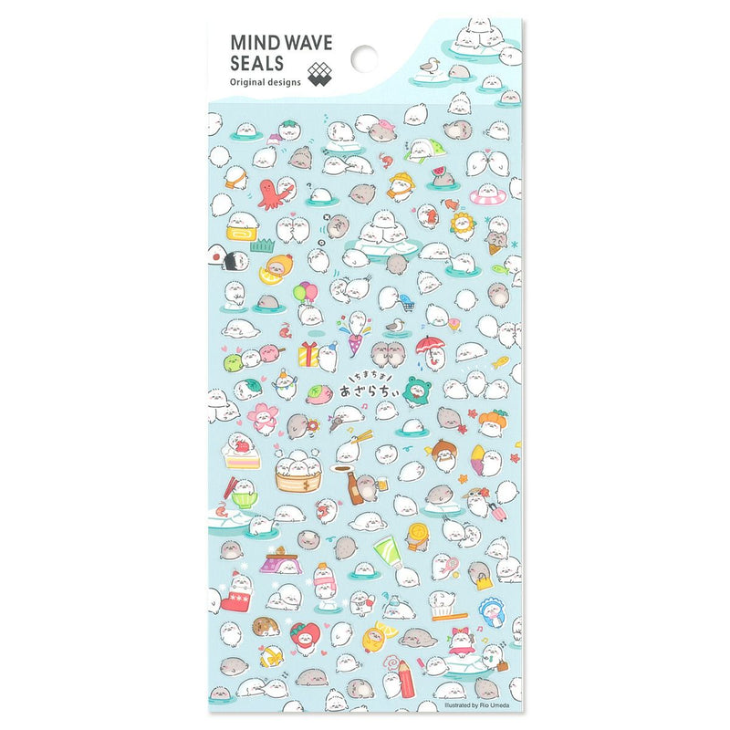 Sheet of decorative stickers with various cartoon characters on a light blue background, branded &