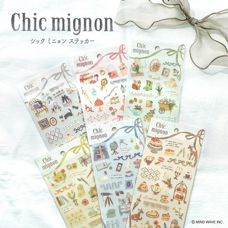 Set of Chic mignon sticker sheets with decorative ribbons on a white background