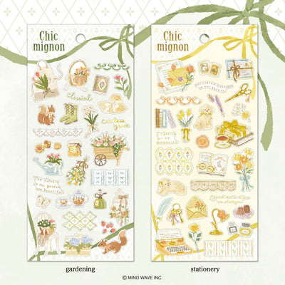 Two sheets of decorative stickers labeled 'Chic mignon' with gardening and stationery designs on a white background.