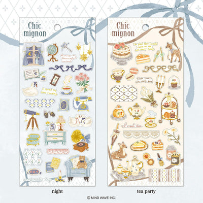 Two decorative sticker sheets titled 'night' and 'tea party' by Chic mignon on a white background.