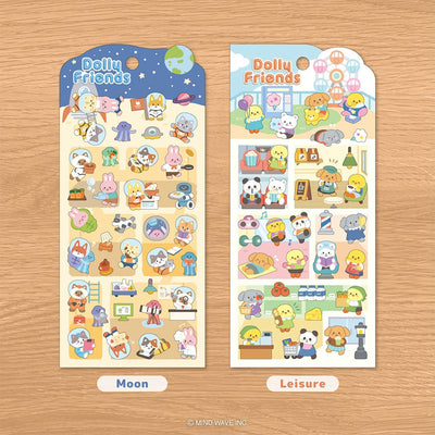 Two sheets of Dolly Friends stickers labeled 'Moon' and 'Leisure' on a wooden surface.
