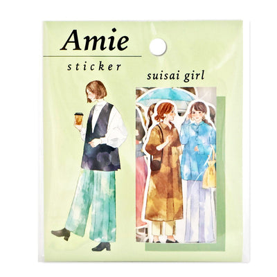 Amie sticker packaging with illustrations of people and text 'suisai girl' on a light green background