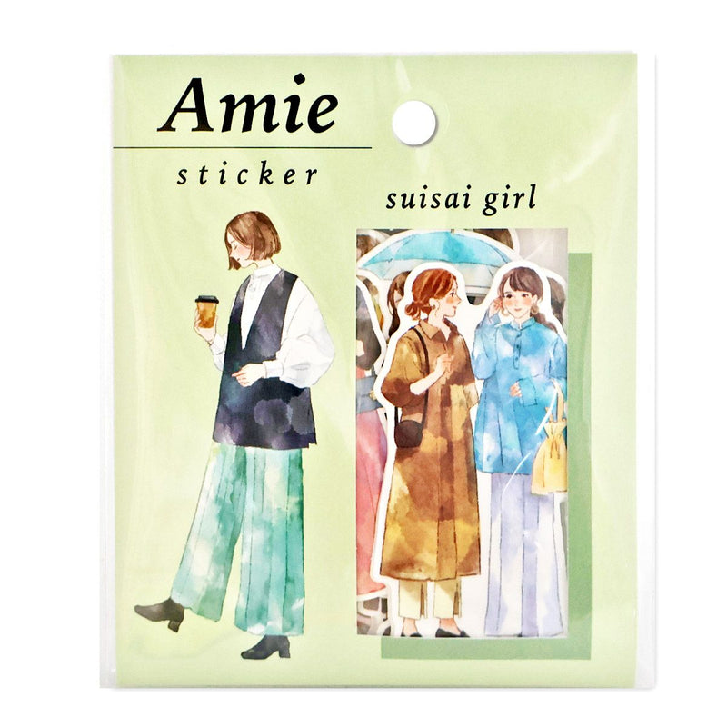 Amie sticker packaging with illustrations of people and text &