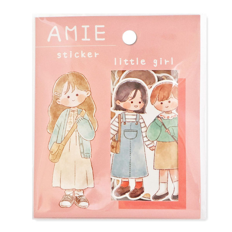 Pack of AMIE sticker with illustrations of three little girls on a pink background