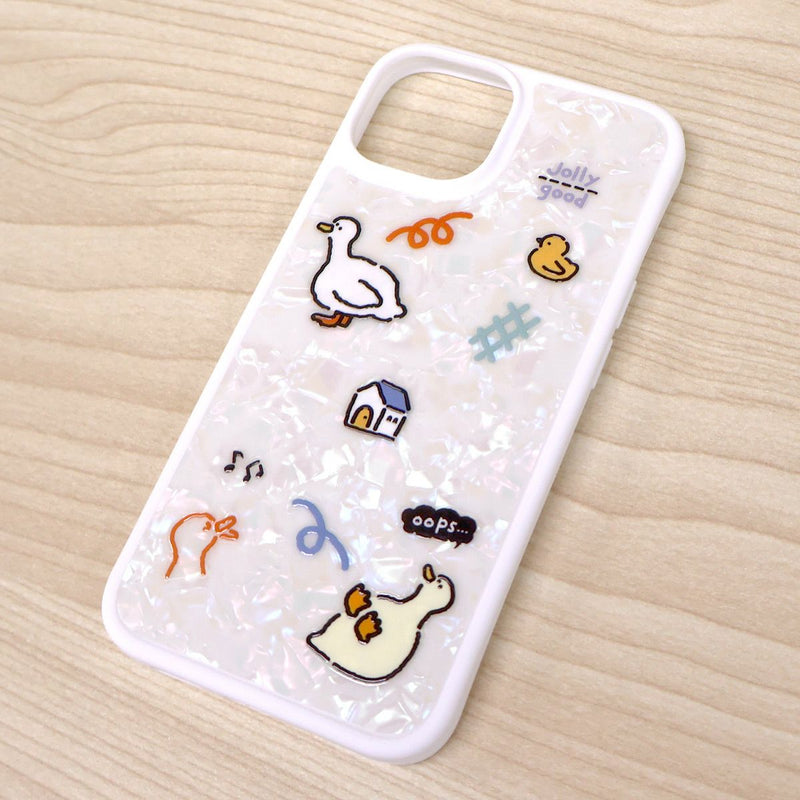 Phone case with cartoon duck designs on a wooden surface