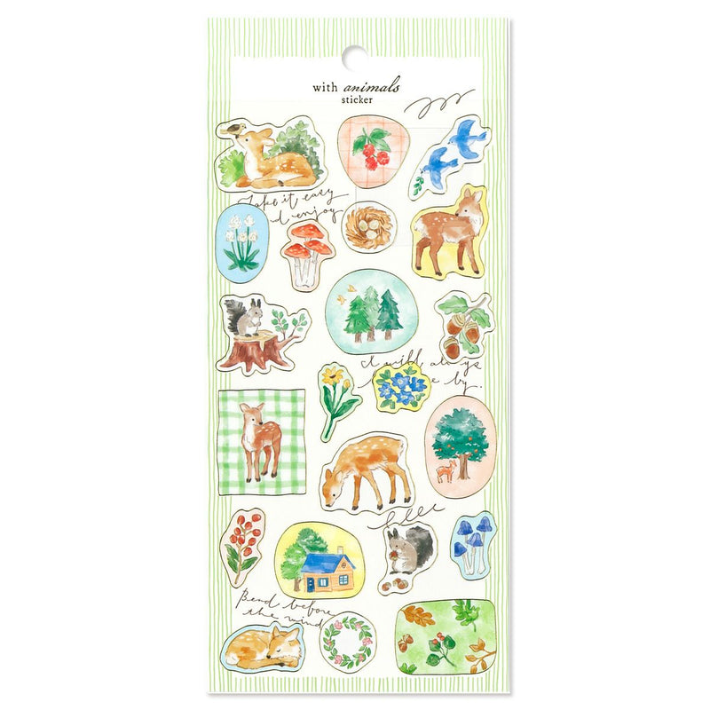 Sheet of nature-themed stickers with animals and plants on a white background