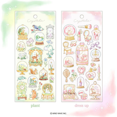 Two sheets of decorative stickers with pastel colors and small illustrations, labeled 'plant' and 'dress up'.