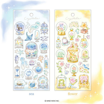 Two sheets of decorative stickers labeled 'sea' and 'flower' with various illustrations on a white background.
