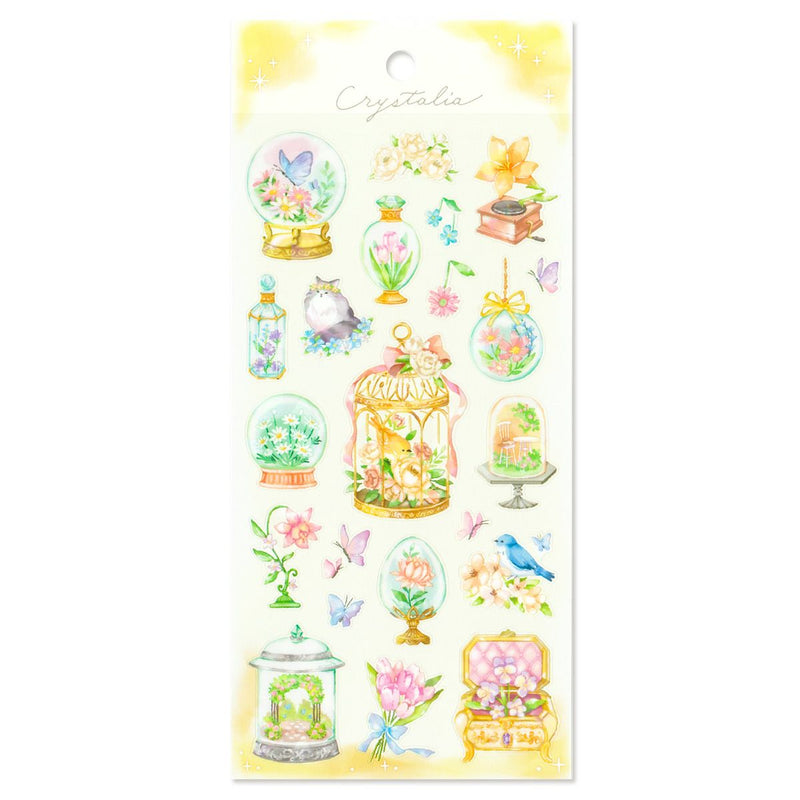 Decorative stickers with pastel colors and illustrations on a yellow background