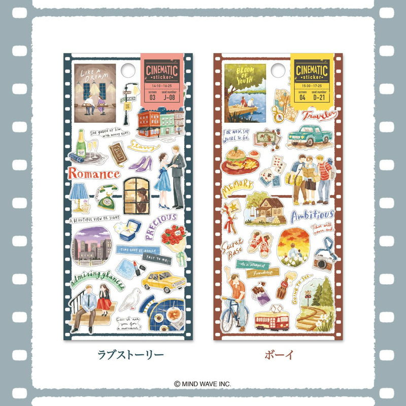 Two sticker sheets with illustrated scenes and text on a film strip background.