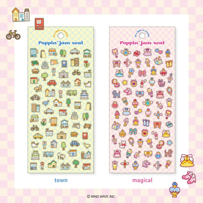 Two sticker sheets labeled 'town' and 'magical' on a checkered background.