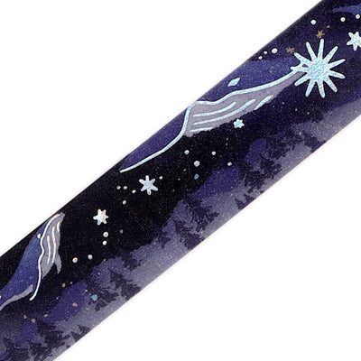 Space-themed design with stars and celestial bodies on a dark background