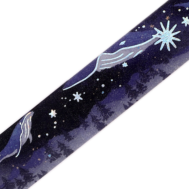 Space-themed design with stars and celestial bodies on a dark background