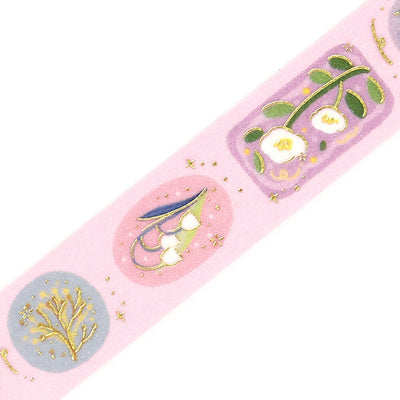 Decorative tape with floral designs on a pink background