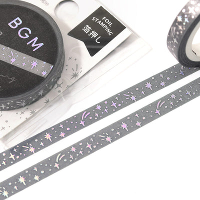 Washi tape with star and moon designs on a white background
