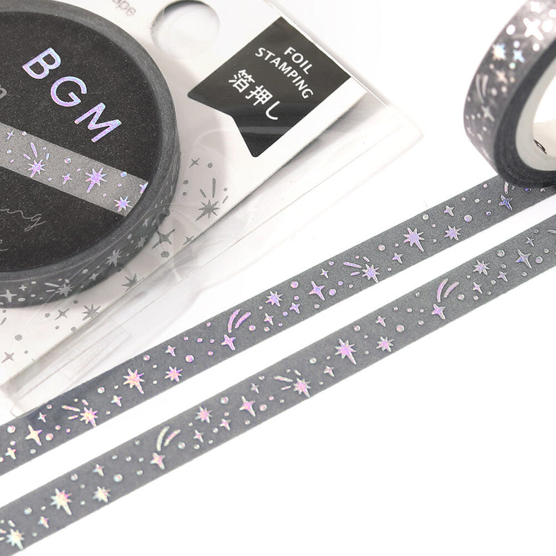 Washi tape with star and moon designs on a white background