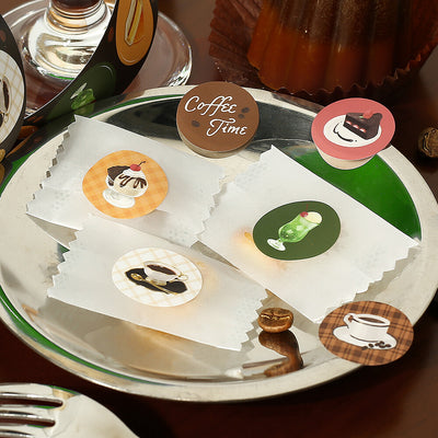 Decorative tray with coffee-themed coasters and a 'Coffee Time' sign on a table setting.