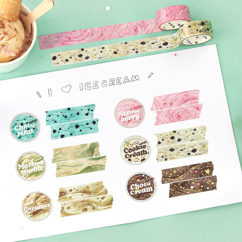 Set of ice cream-themed washi tape on a white sheet with text