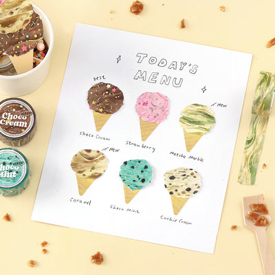 Menu with ice cream cone illustrations and ice cream-themed products on a wooden surface