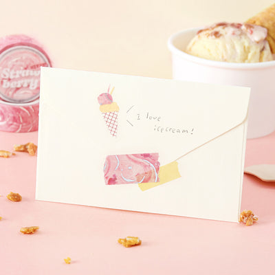 Note card with ice cream illustration and text 'I love ice cream!' on a pink background with ice cream cones.