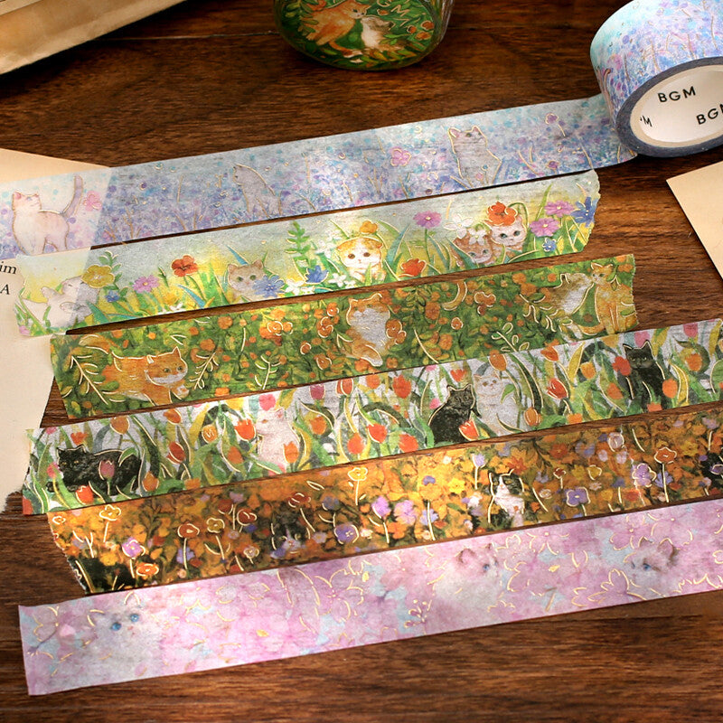 BGM Cat and Flower Gold Foil Washi Tape - Afternoon