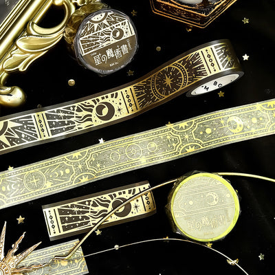 Decorative tape with celestial design on a black background