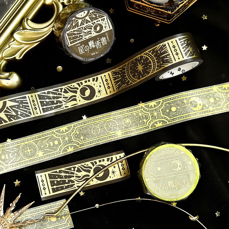 Decorative tape with celestial design on a black background
