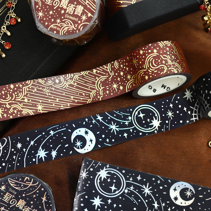 Decorative tape with celestial pattern on a wooden surface