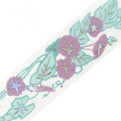 Decorative tape with purple flowers and green leaves on a white background