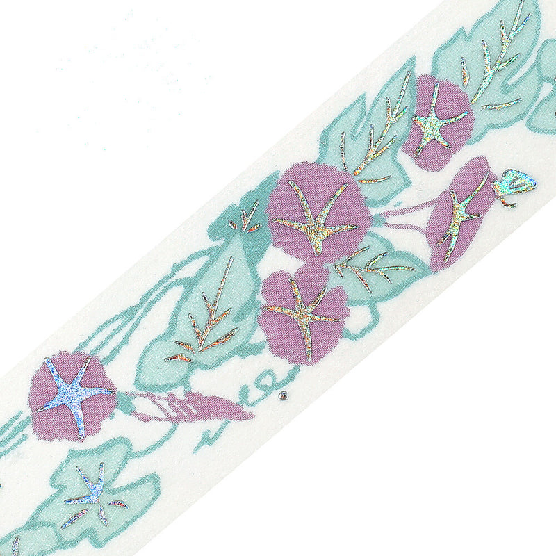 Decorative tape with purple flowers and green leaves on a white background