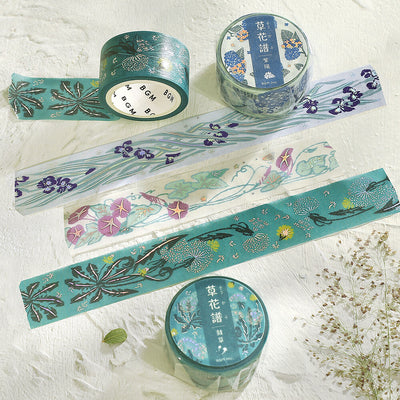 Set of decorative tapes with floral designs on a textured white background