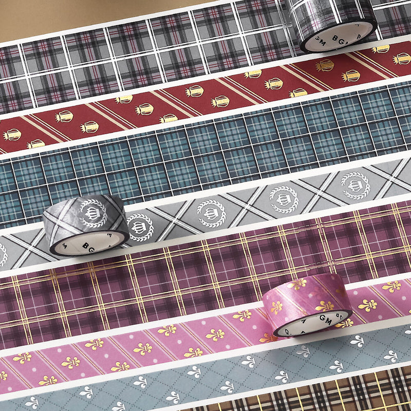 Collection of patterned tapes with different designs on a white background