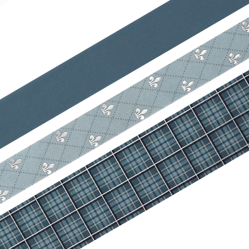 Collection of blue washi tape with different patterns on a white background