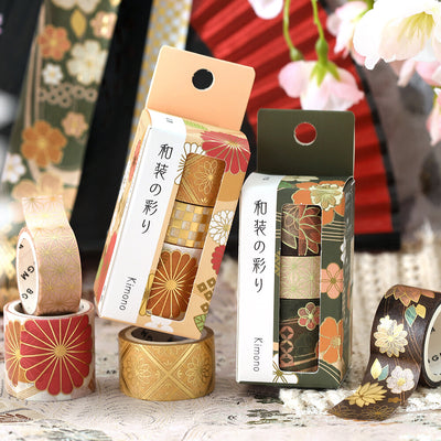 Decorative tape with kimono design packaging on a floral background